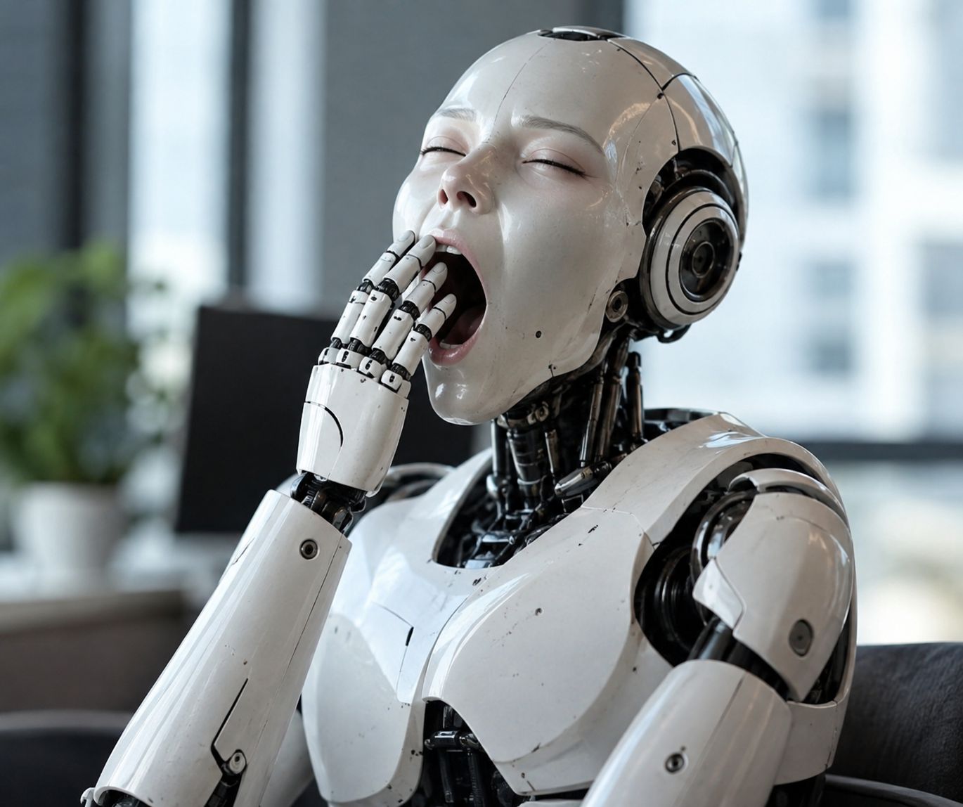 Android robot yawning out of boredome