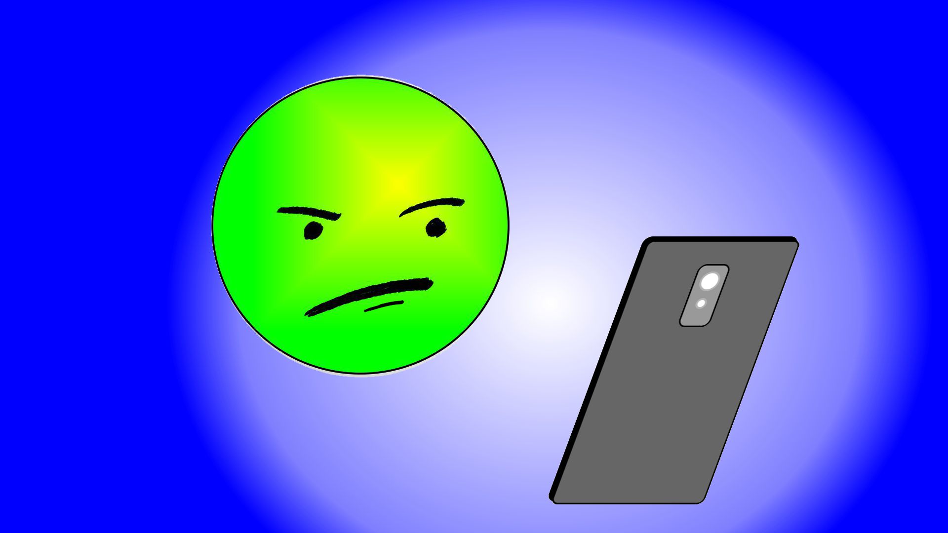 Envy emoji looking at Facebook on smartphone